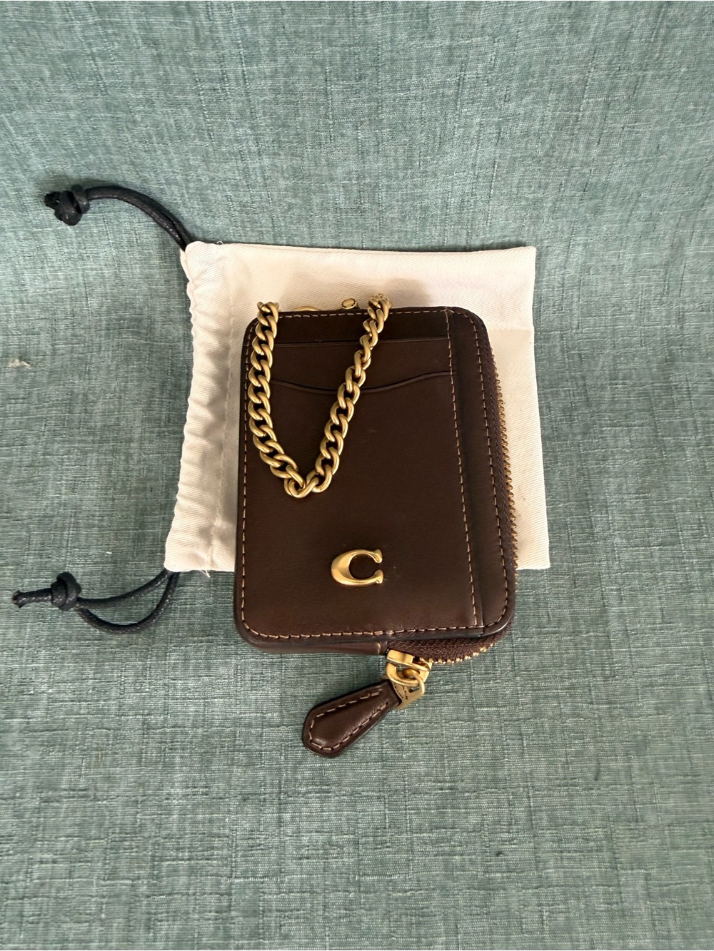 Coach Dark Brown Leather Zip Card Case with Gold Chain- NWOT